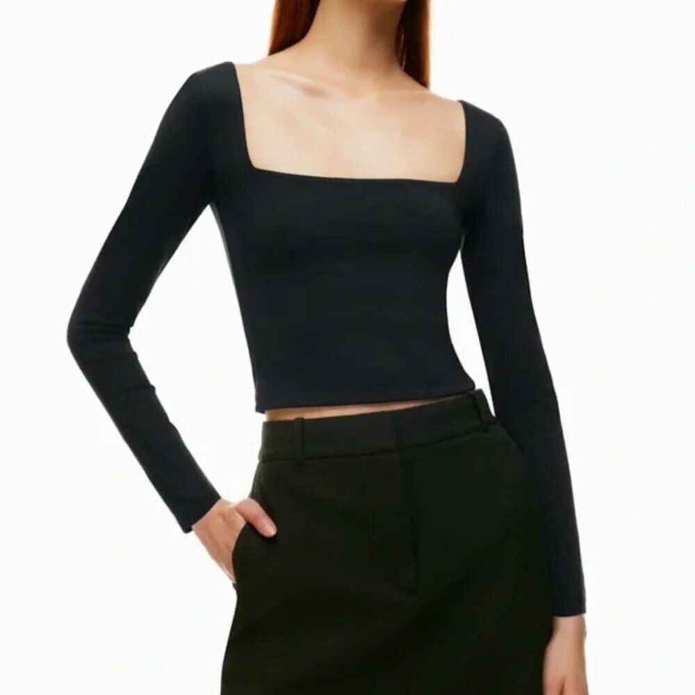 Aritzia Babaton Contour Squareneck Long Sleeve Stretch Crop Top in Black, S
